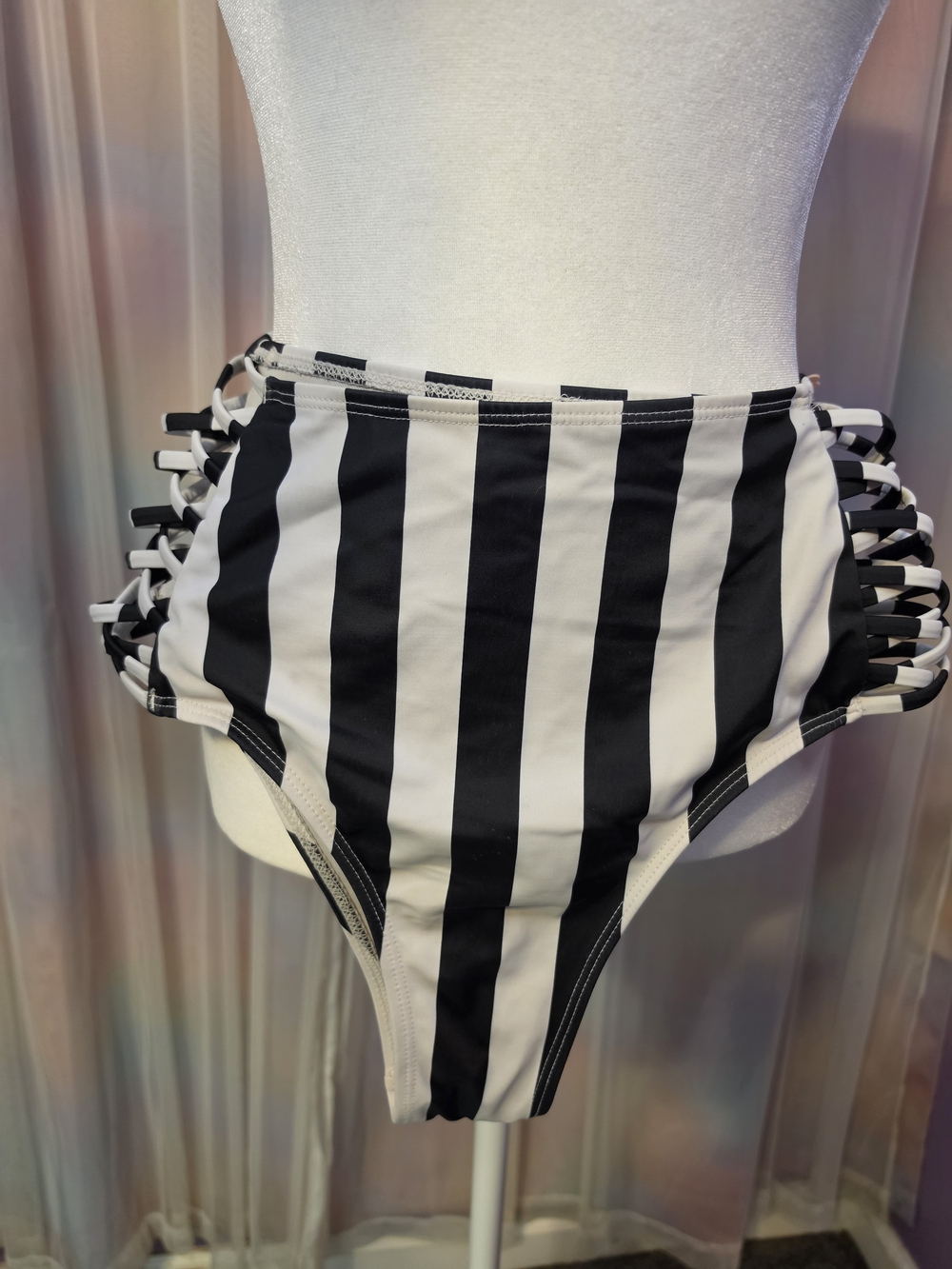 Michael Kors Black White Striped Open Sides Mid Rise Swim Bottoms Size Medium